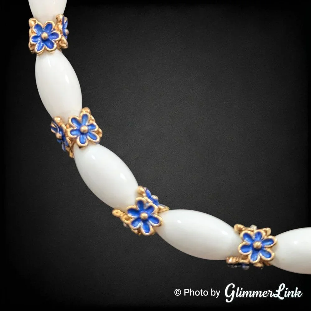 Vintage Crown Trifari Blue Enamel Floral Lucite Choker Necklace - Picture 5 of 9